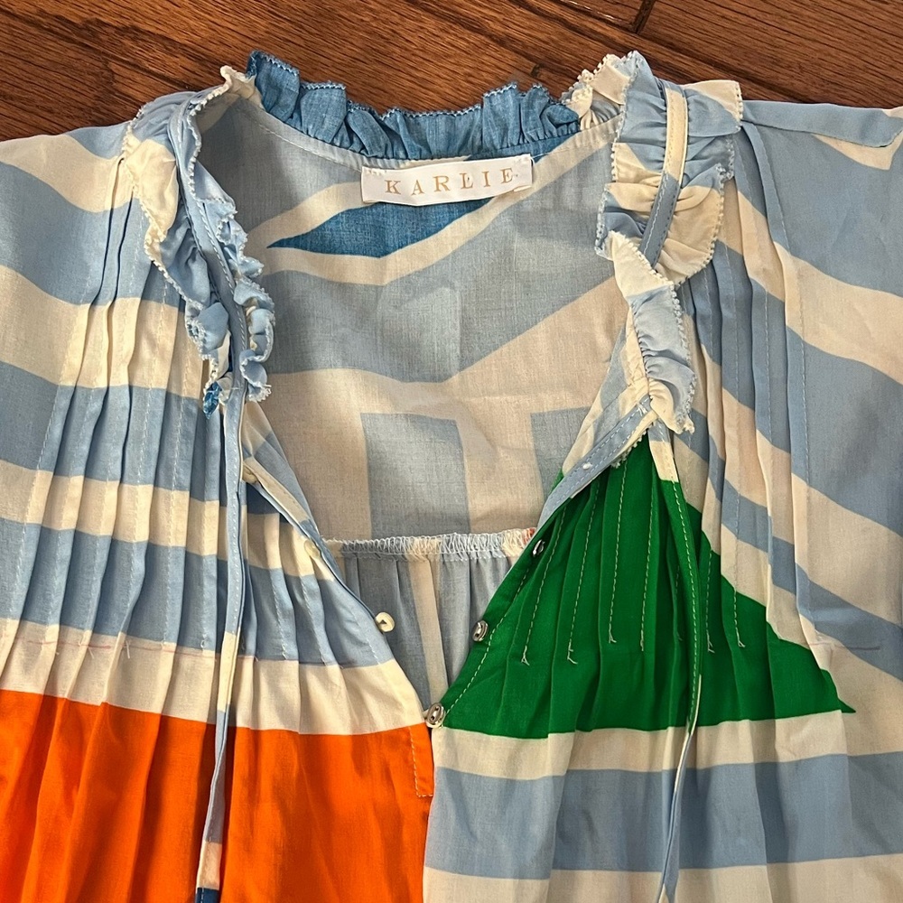 Karlie Blue and White Striped Blouse with Orange and Green Accents - Picture 2 of 5